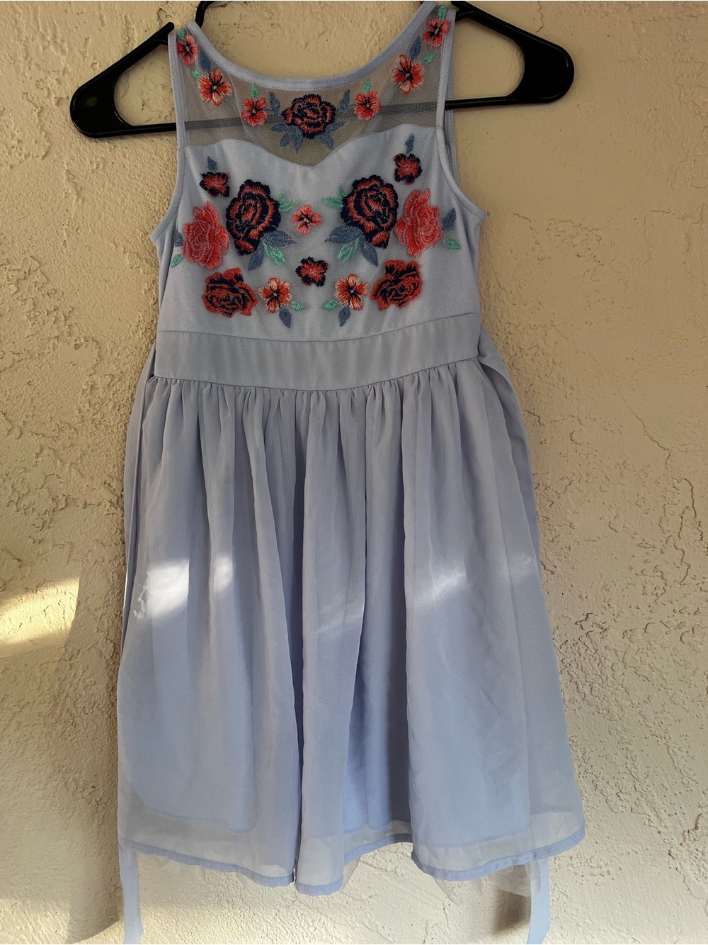Light Blue Floral Embroidered Mesh Yoke Kids Dress